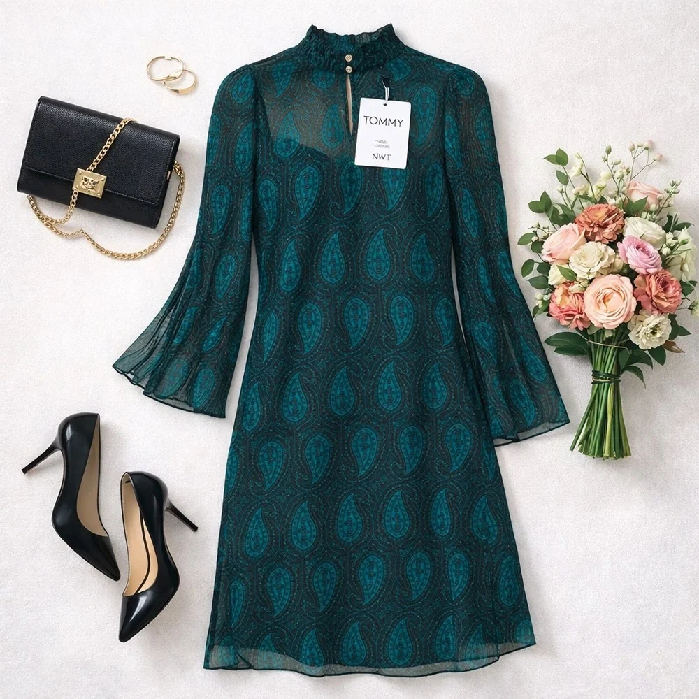 Tommy Hilfiger Paisley Chiffon Shift Dress Cypress Green 6 NWT Designer Office - Picture 1 of 7